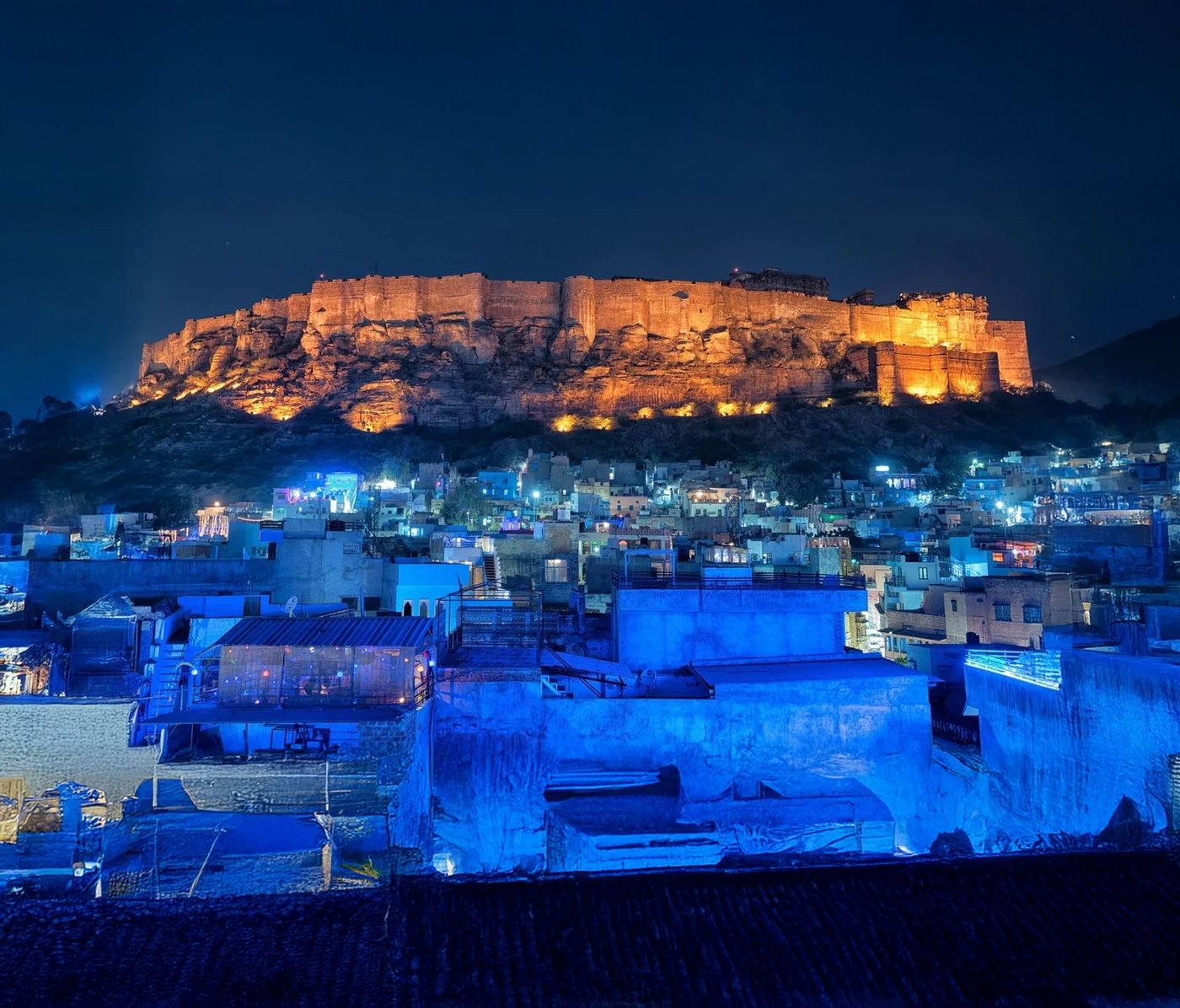 Mehrangarh Fort above the blue city of Jodhpur, Rajasthan