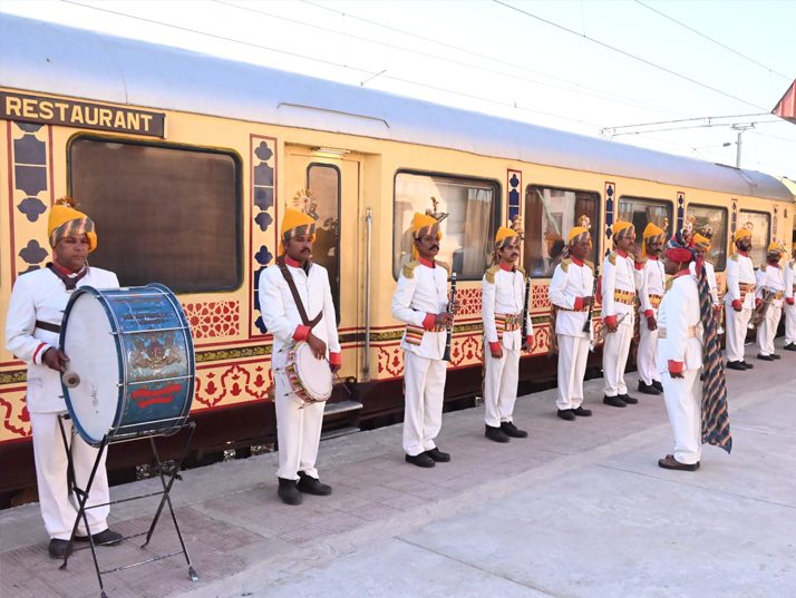 Royal brass and shehnai welcome beside the Palace on Wheels in Delhi