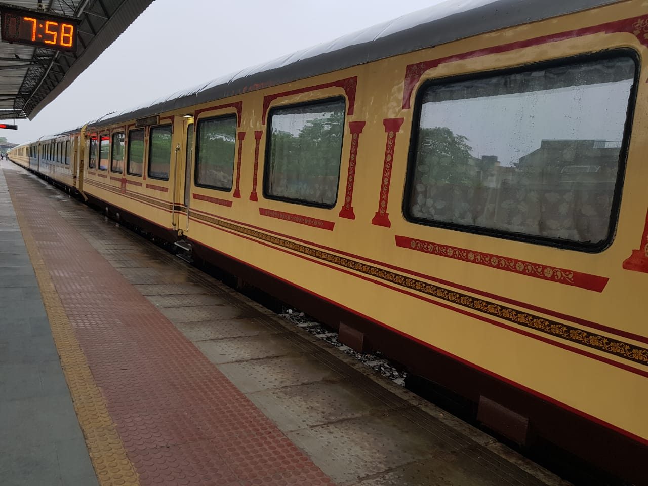 The Palace on Wheels train at a railway platform in Rajasthan